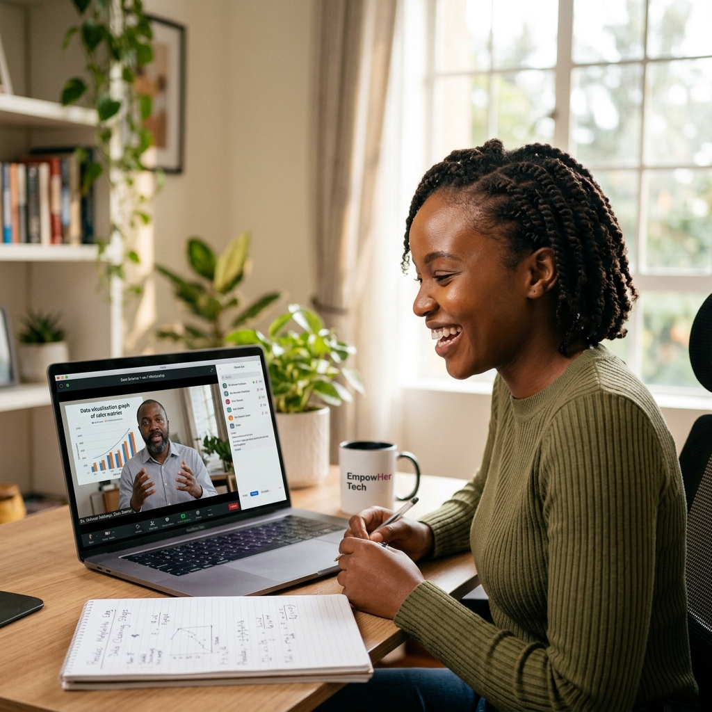 A beautiful young African woman smiling brightly as she is being guided by an online mentor on her laptop